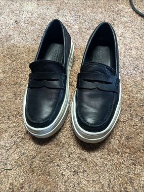 J Slides Black Leather Platform Penny Loafers with White Sole 7.5
